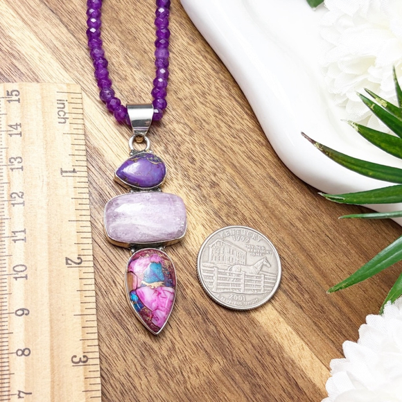 Purple Copper Turquoise Kyanite & Pink Dahlia Turquoise Pendant Southwest 925 - Picture 6 of 6